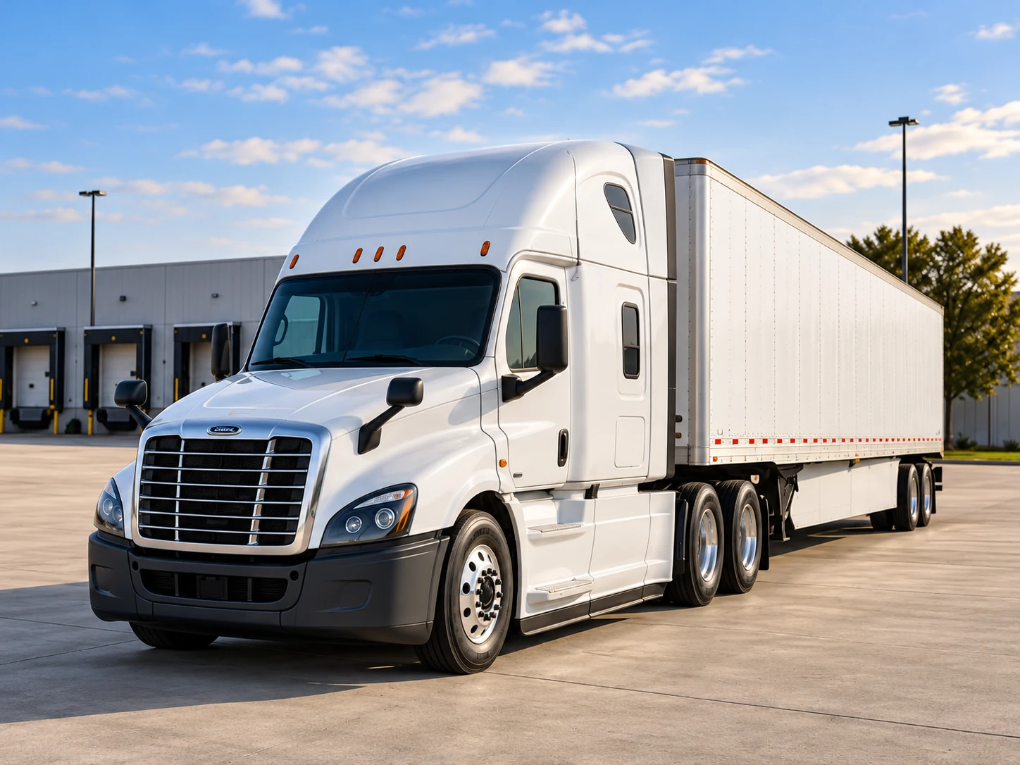 White commercial tractor-trailer parked in a loading yard